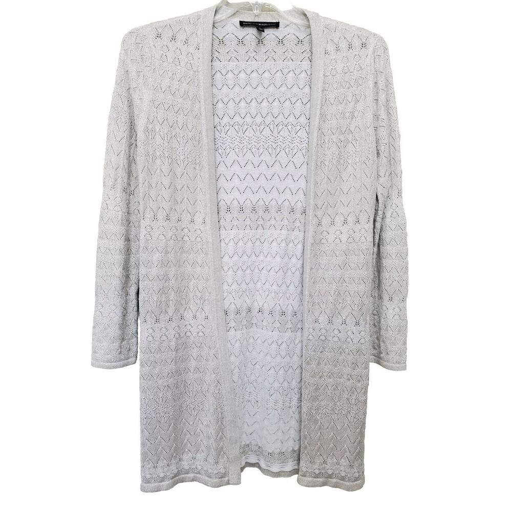 White House Black Market Beige Metallic Chevron Open Front Duster Cardigan Med